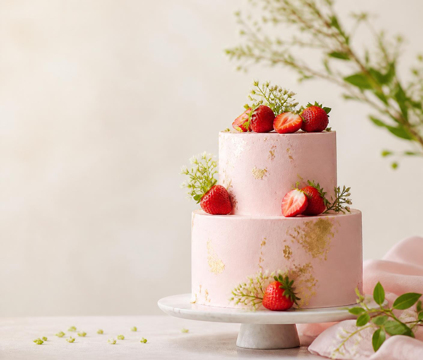 Two-tier pastel pink celebration cake with gold leaf and fresh strawberries